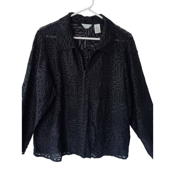 LAURA ASHLEY Black Jacket Top Semi Sheer Abstract Zip Up Blouse 1X Texture - Picture 1 of 14